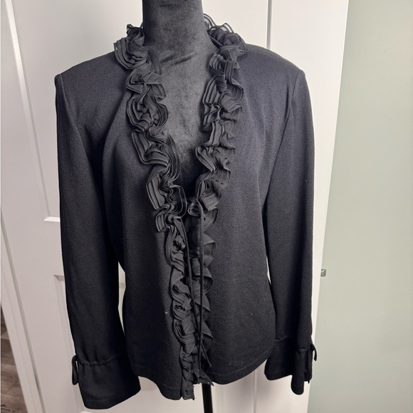St. John Jackets & Blazers - St. John Evening Essentials Black Santana Knit Silk Ruffle Detail Blazer 14